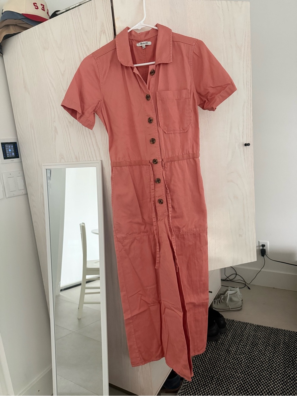 Salmon Pink Button-Down Wide Leg Madewell Romper with Turtoise Buttons